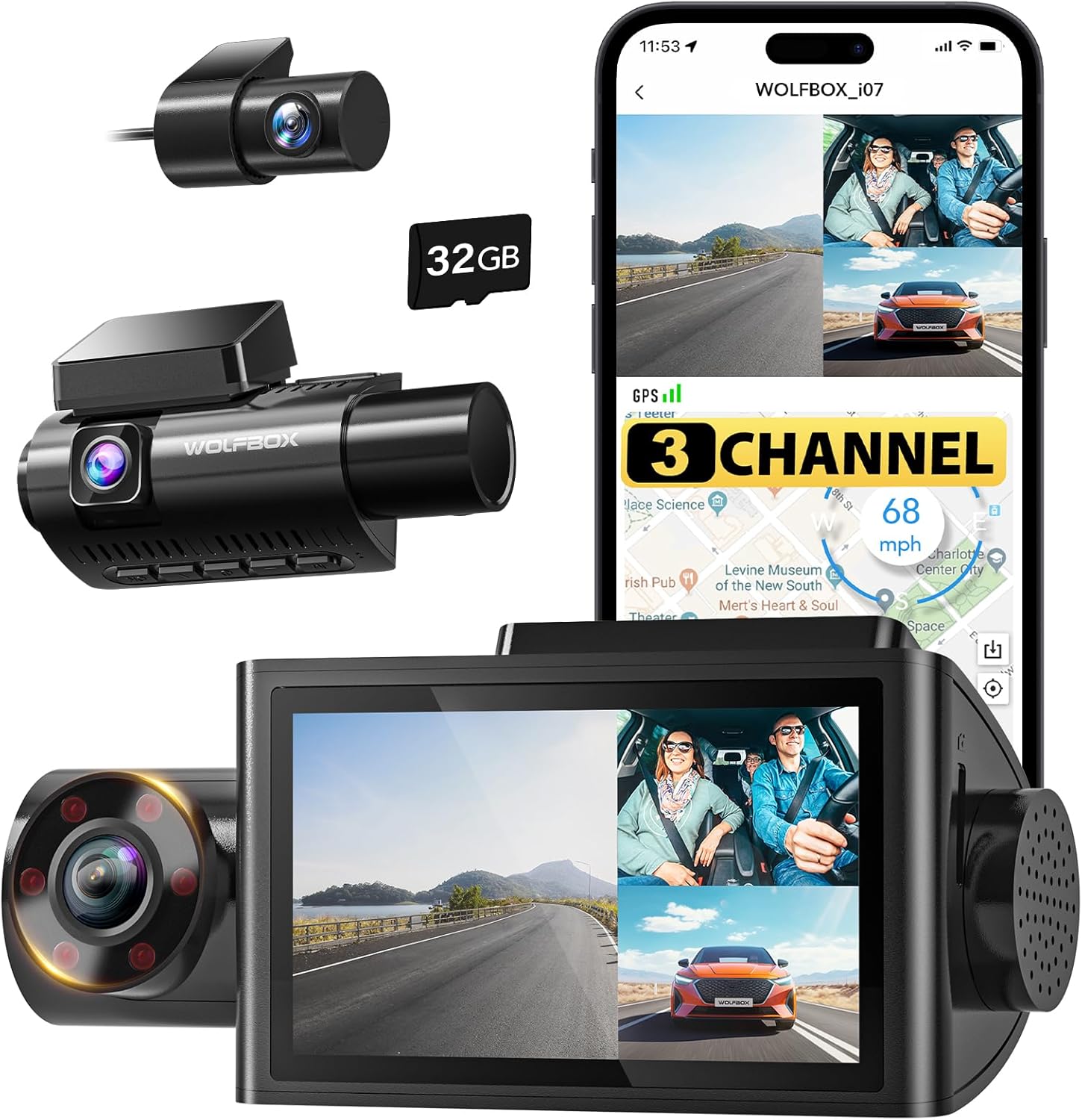 WOLFBOX i07 Dash Cam 3 Channel with WiFi GPS, 4K Dash Camera Front and Inside, 3 Way Dash Camera for Cars, 3" LCD Dash Cam Front and Rear, Super IR Night Vision, 24H Time Lapse, Support 512GB Max