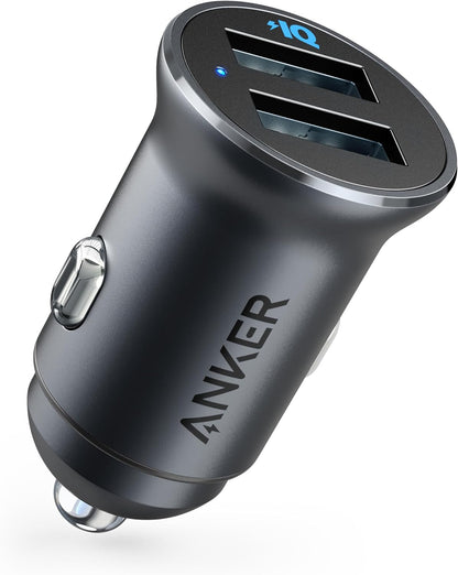 شاحن سيارة من انكر، شاحن سيارة معدني ميني 24 واط/4.8 امبير مع منفذ USB مزدوج، محول سيارة باور درايف 2 مع مصباح ليد أزرق، لهاتف ايفون 16/15/14/13/12، سامسونج، هواوي، شاومي، ريدماي، فيفيو، اوبو والمزيد