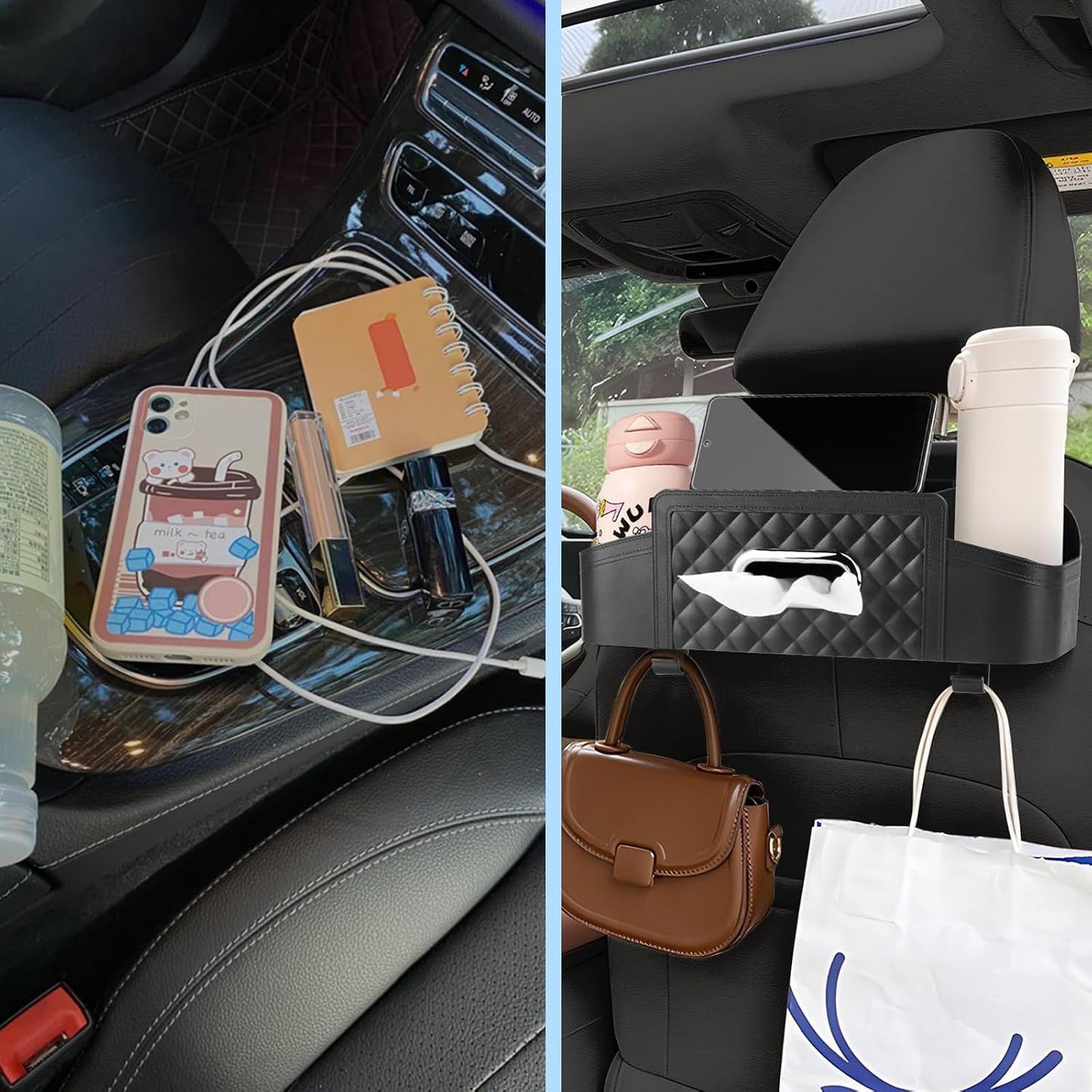 Car Back Seat Storage Organizers, with 2 Drink Cup Holder, Tissue Box and Storage Box Hook, Auto Multi Functional Storage, for Kids, Men, Women and Travel (Black)