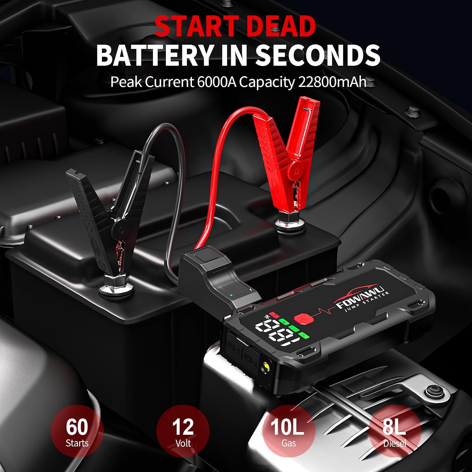 FOWAWU 22800mAh 6000A Peak Jump Starter for 12V Vehicles (10L Petrol / 8L Diesel) and Moto, Car Battery Jump Starter Power Pack with Smart Jumper, 5 * 3.5 CM Large Screen and LED Torch