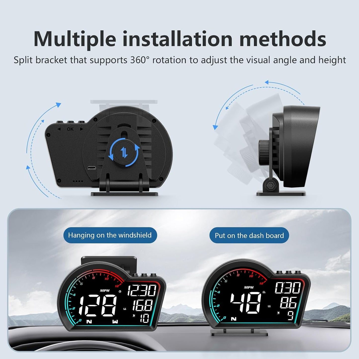 HUD Digital Speedometer for Car- Universal Heads Up Display with Oversize Screen, Large LCD MPH Speed & Fatigue Alert, Over-Speed Alarm Compass