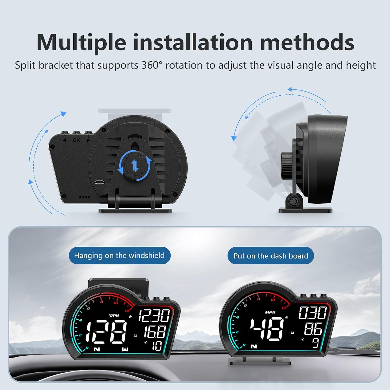HUD Digital Speedometer for Car- Universal Heads Up Display with Oversize Screen, Large LCD MPH Speed & Fatigue Alert, Over-Speed Alarm Compass