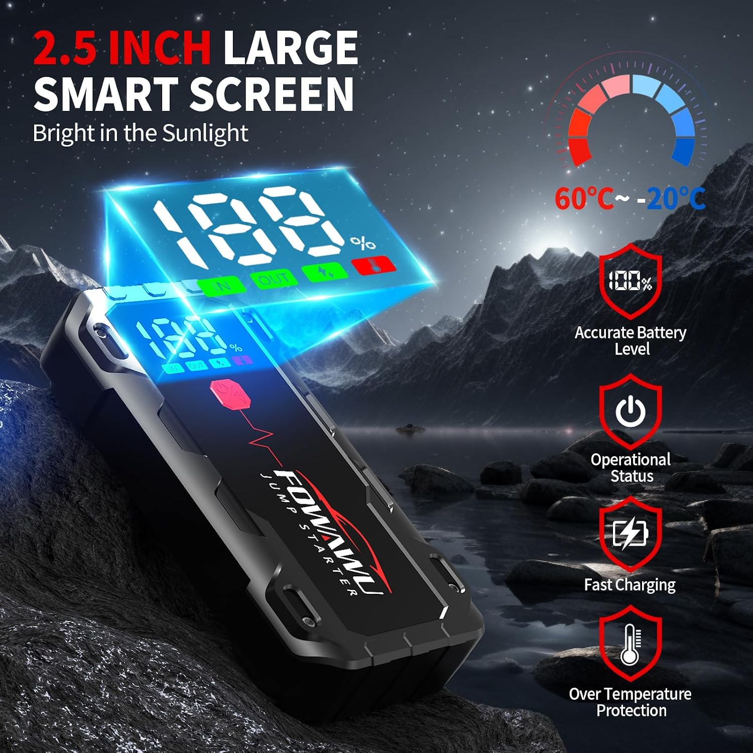 FOWAWU 22800mAh 6000A Peak Jump Starter for 12V Vehicles (10L Petrol / 8L Diesel) and Moto, Car Battery Jump Starter Power Pack with Smart Jumper, 5 * 3.5 CM Large Screen and LED Torch
