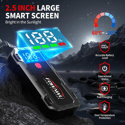 FOWAWU 22800mAh 6000A Peak Jump Starter for 12V Vehicles (10L Petrol / 8L Diesel) and Moto, Car Battery Jump Starter Power Pack with Smart Jumper, 5 * 3.5 CM Large Screen and LED Torch
