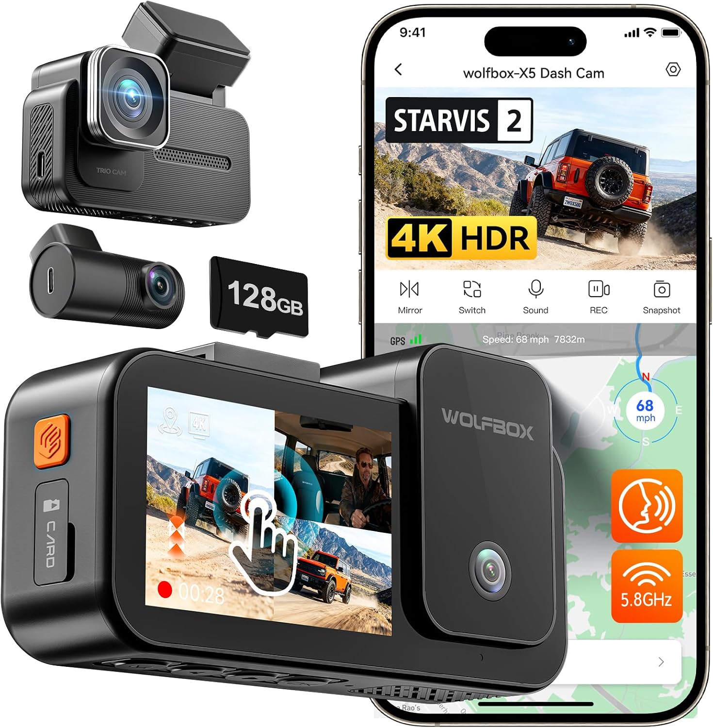 WOLFBOX X5 New 3 Channel 4K HDR Dash Cam, STARVIS 2 IMX678,4K+2.5K+1080P Front and Rear Inside Car Camera with 128GB Card, Voice Control, 5.8GHz WiFi GPS, Touch Screen, Digital Signal, Support 512GB