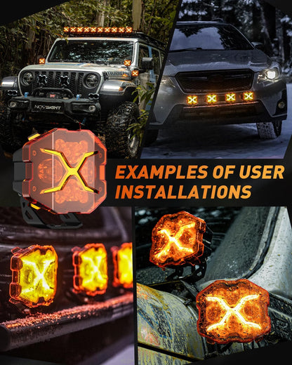 NOVSIGHT 4 Inch LED Pods - X Series Off Road Driving Light with Yellow DRL, Super Bright Pod Lights Drive Beam with Amber Cover, Off-road Fog Lights for Trucks Jeep Ford UTV ATV, 2-Year Warranty, Pair