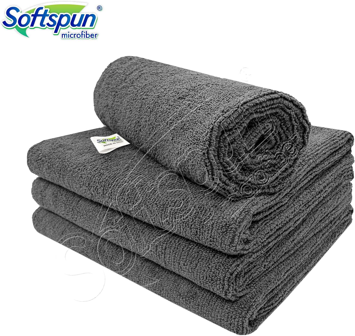 قماش مايكروفايبر سوفتسبون - 4 قطع - 40×40 سم - 340 غرام لكل متر مربع رمادي - مناشف مايكروفايبر متعددة الاغراض سميكة خالية من الوبر والبقع - مناشف مايكروفايبر للسيارات والدراجات لتنظيف وتلميع وغسيل
