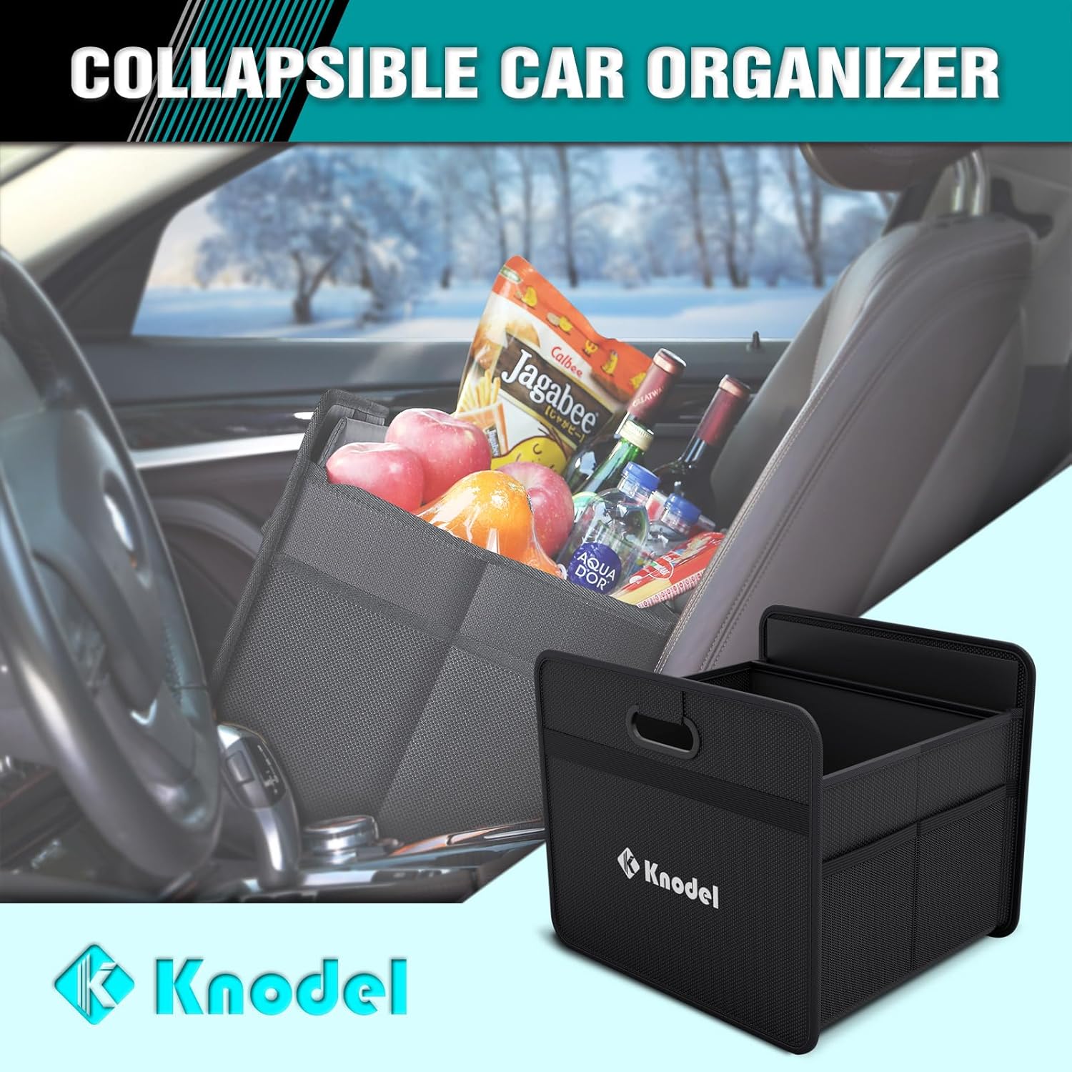 كيه نوديل منظم صندوق السيارة، منظم قابل للطي للسيارة، وحدات تحكم ومنظمات السيارات، تخزين بمقابض معززة (مقاس S، اسود)