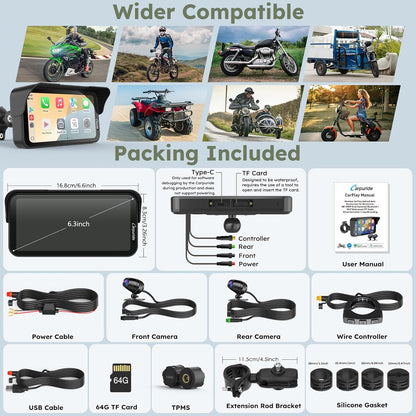 Carpuride Motorcycle GPS Carplay Screen, 6.3 Inch Wireless CarPlay and Android Car for Moto, with Dual Cameras and TPMS, Remote Control, IP67 Waterproof, BT Aduio, Loop Recording