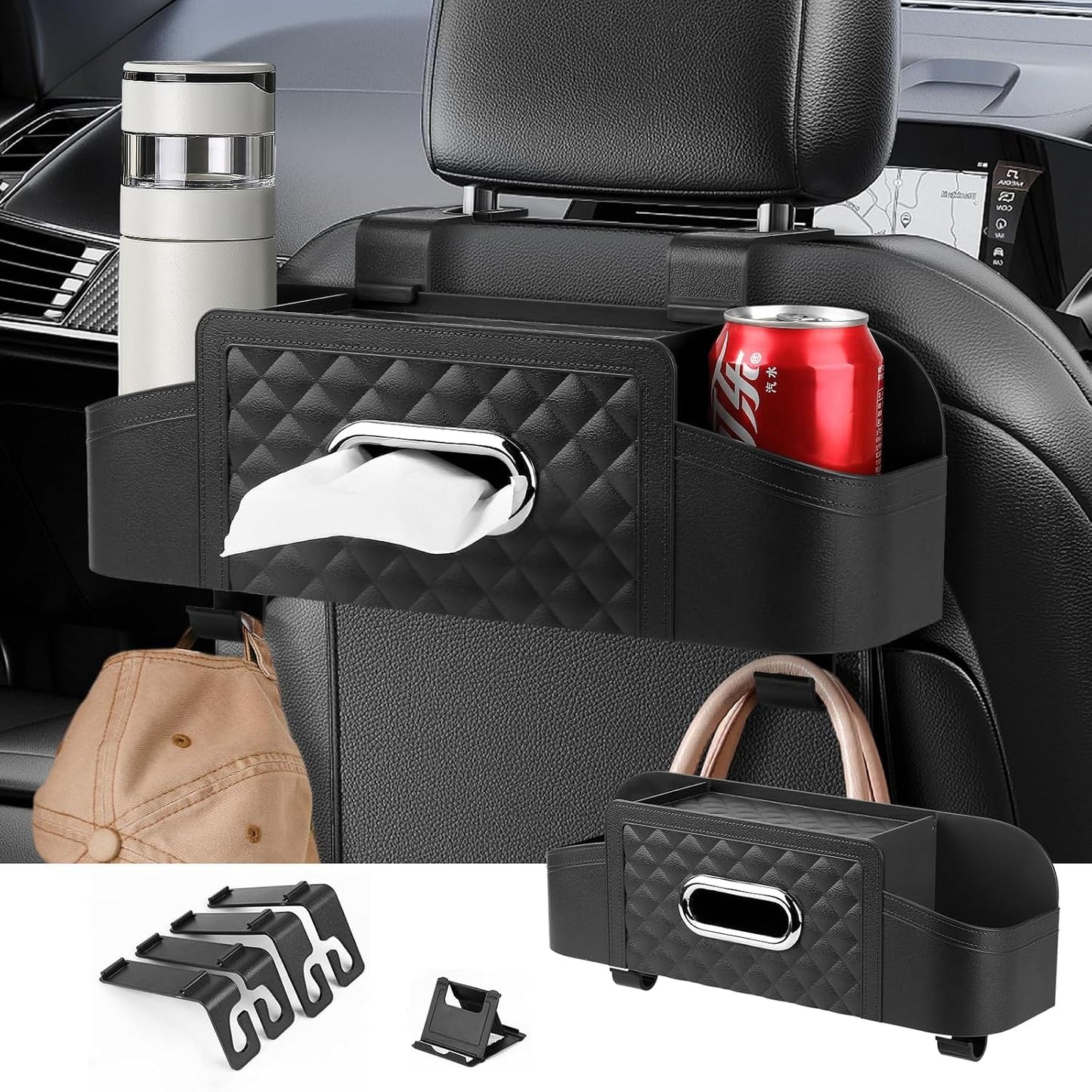 Car Back Seat Storage Organizers, with 2 Drink Cup Holder, Tissue Box and Storage Box Hook, Auto Multi Functional Storage, for Kids, Men, Women and Travel (Black)