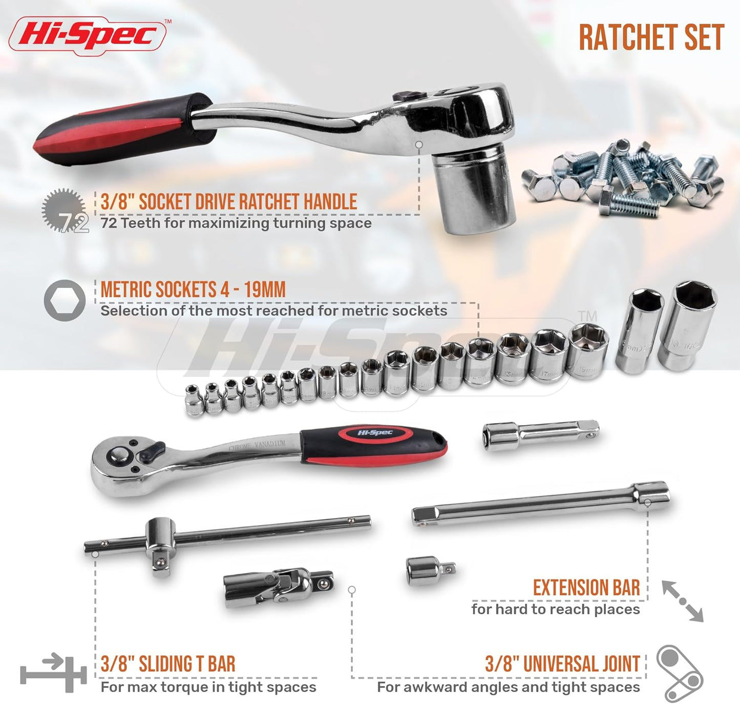 Hi-Spec 67-Piece Auto Mechanics Tool Set for Car Repair, Vehicle Maintenance and DIY Use
