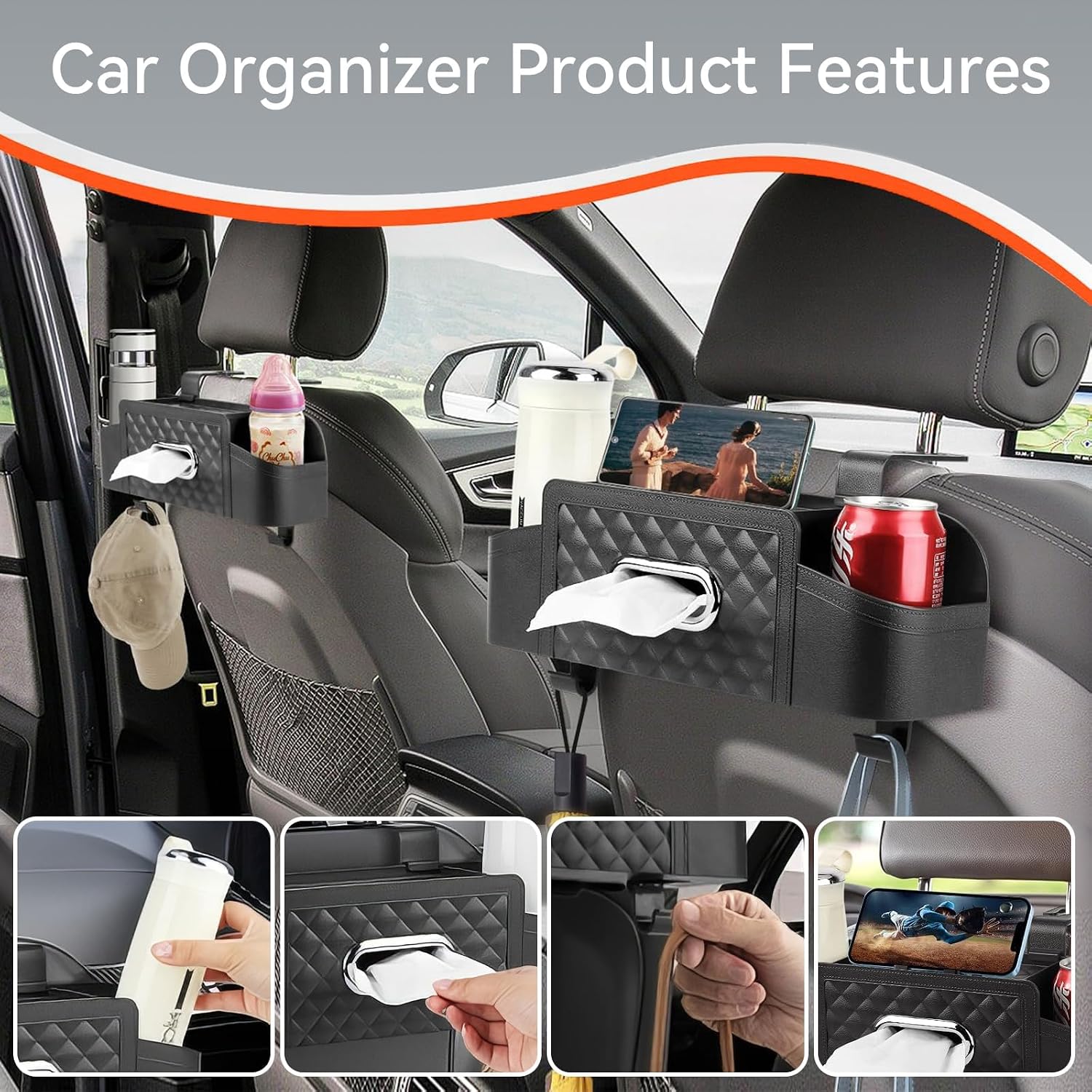 Car Back Seat Storage Organizers, with 2 Drink Cup Holder, Tissue Box and Storage Box Hook, Auto Multi Functional Storage, for Kids, Men, Women and Travel (Black)