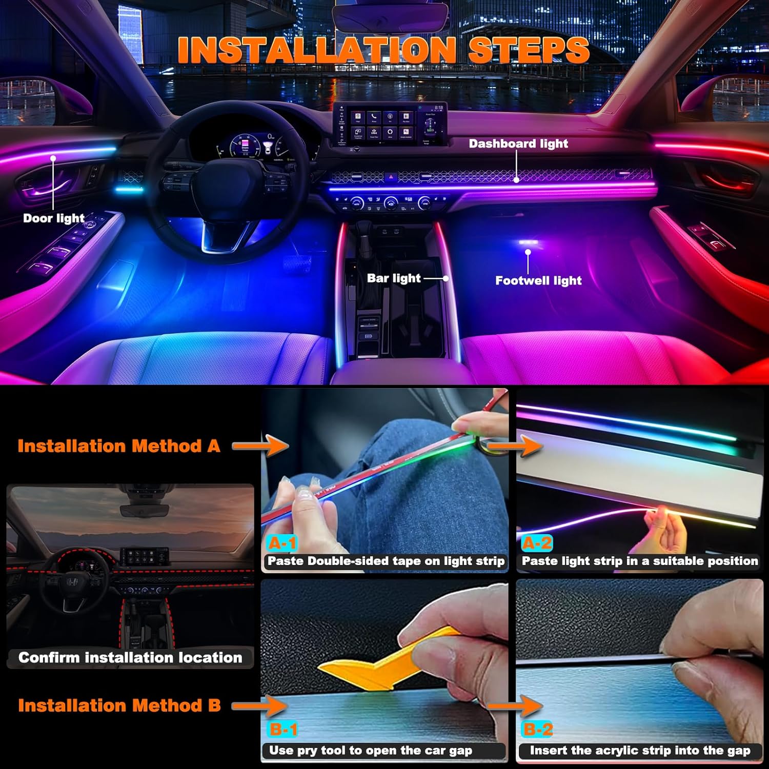 اضواء شريط داخلي LED للسيارة من جوشوب، اضواء LED اكريليك للسيارة مع تقنية Dreamcolor الديناميكية، مجموعة اضاءة محيطة مع تحكم لاسلكي في التطبيق وجهاز تحكم عن بعد بالترددات الراديوية (6 في 1)