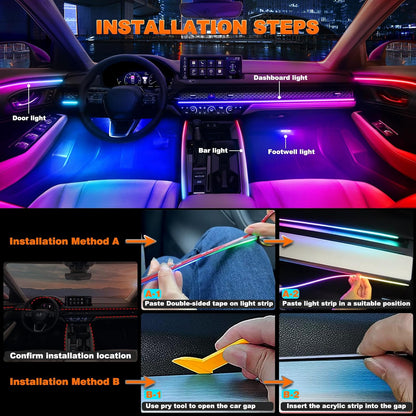 اضواء شريط داخلي LED للسيارة من جوشوب، اضواء LED اكريليك للسيارة مع تقنية Dreamcolor الديناميكية، مجموعة اضاءة محيطة مع تحكم لاسلكي في التطبيق وجهاز تحكم عن بعد بالترددات الراديوية (6 في 1)