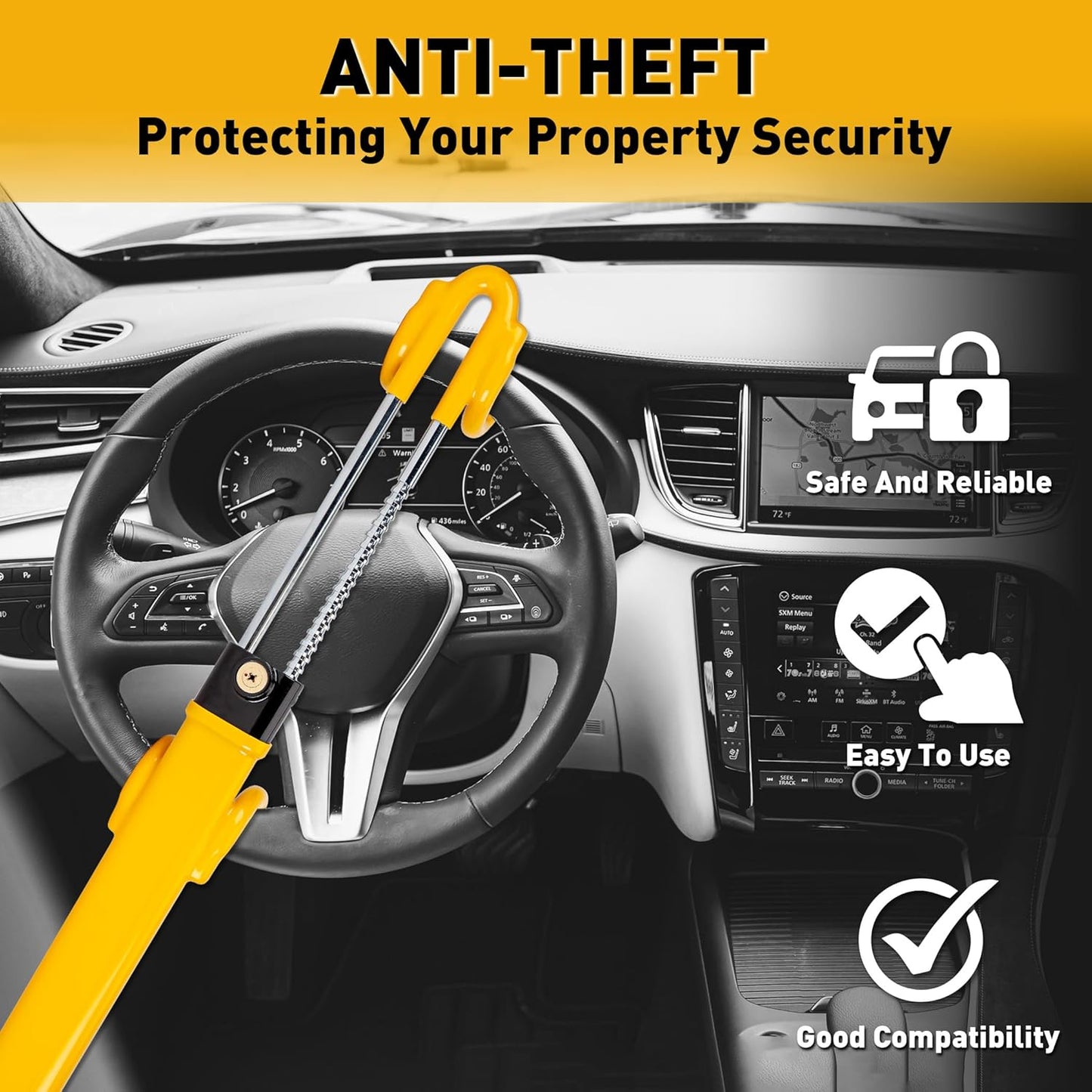 CARTMAN Heavy Duty Steering Wheel Lock Anti-Theft Car Device Security Car Lock Great Deterrent Adjustable Antitheft Locking Devices for Vehicle Truck with 3 Keys