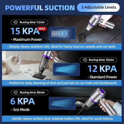 Car Vacuum Cleaner Cordless,Wireless Mini Vacuum Cleaner 4-in-1 Small Compressed Air Duster & Air Blower & Pump，Portable Handheld Vacuum with Brushless Motor for Car, Home, Office,Camping