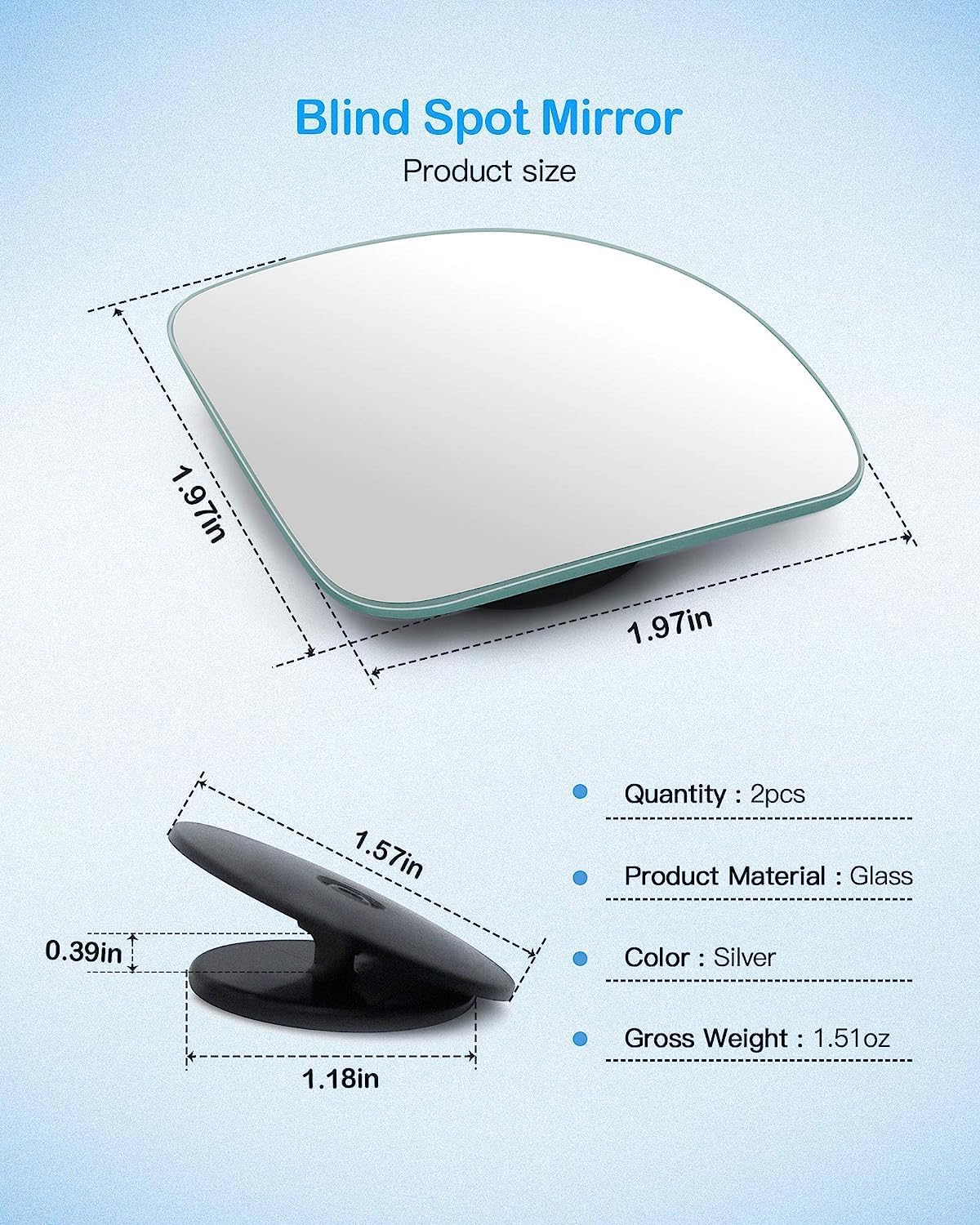 2 Pack - Fan Shaped 1.97" Mirrors Blind Spot Mirror for Car, Universal Fit, HD, Stick on, Frameless, Convex, Wide Angle, Rear View Mirror
