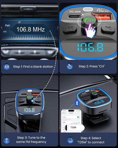 LENCENT Bluetooth 5.4 FM Transmitter Car Adapter 48W [PD 30W & 18W] [7 Color Light] [Fast Charging] Wireless Radio Music Adapter Hands-Free Calling, Support USB Drive & TF Card