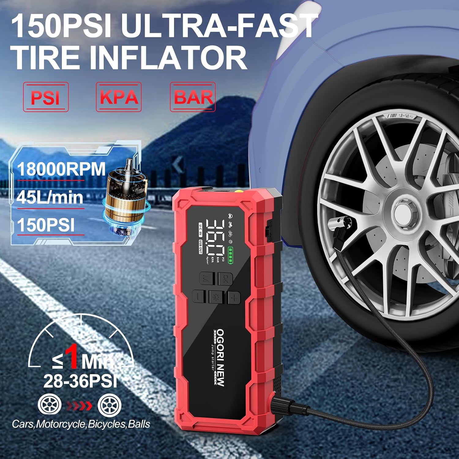 مشغل جامب ستارتر 7000 امبير مع ضاغط هواء، 21800mAh 150PSI بطارية سيارة محمولة (جميع الغاز/16 لتر ديزل)، صندوق قفز امن للغاية 12 فولت معزز بطارية السيارة مع كيبلات توصيل ومصابيح