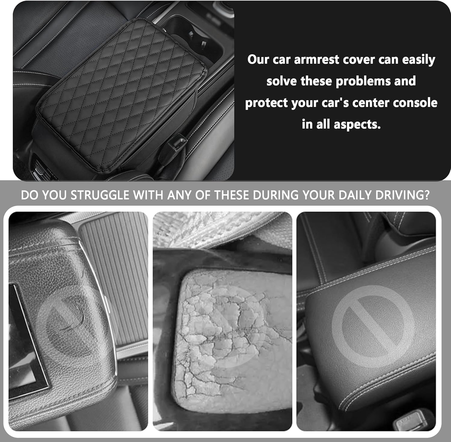 Upgraded Car Center Console Cover,Microfiber Leather Car Armrest Cover Cushion with 2 Storage Bags,Car Armrest Storage Box Car Interior Accessories for Most Vehicles (Black)