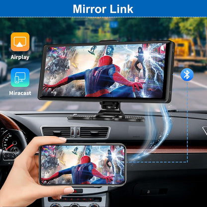 شاشة كاربلاي للسيارة، 10.26 بوصة HD IPS لاسلكي محمول ستيريو السيارة لنظام ابل كاربلاي ونظام اندرويد اوتو، مستقبل صوت السيارة مع كاميرا لوحة القيادة 4K/كاميرا خلفية 1080P، نظام تحديد المواقع، وصلة