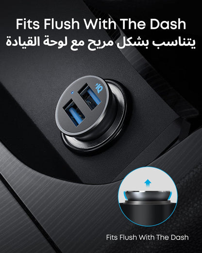 شاحن سيارة من انكر، شاحن سيارة معدني ميني 24 واط/4.8 امبير مع منفذ USB مزدوج، محول سيارة باور درايف 2 مع مصباح ليد أزرق، لهاتف ايفون 16/15/14/13/12، سامسونج، هواوي، شاومي، ريدماي، فيفيو، اوبو والمزيد