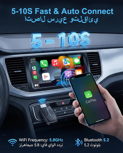 محول كاربلاي لاسلكي للسيارات، تحويل من السلكي إلى اللاسلكي دونجل أندرويد أوتو، محول صغير 2 في 1 قابس وتشغيل، اتصال تلقائي سريع، بدون تأخير، تحكم مستقر لآيفون وأندرويد