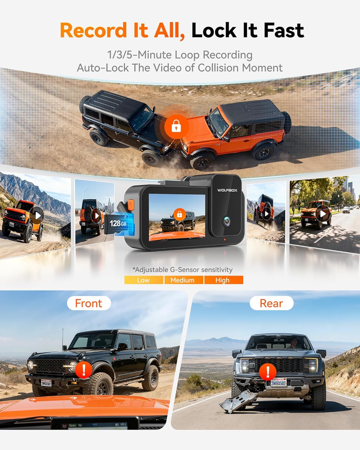 WOLFBOX X5 New 3 Channel 4K HDR Dash Cam, STARVIS 2 IMX678,4K+2.5K+1080P Front and Rear Inside Car Camera with 128GB Card, Voice Control, 5.8GHz WiFi GPS, Touch Screen, Digital Signal, Support 512GB