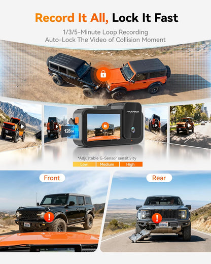 WOLFBOX X5 New 3 Channel 4K HDR Dash Cam, STARVIS 2 IMX678,4K+2.5K+1080P Front and Rear Inside Car Camera with 128GB Card, Voice Control, 5.8GHz WiFi GPS, Touch Screen, Digital Signal, Support 512GB