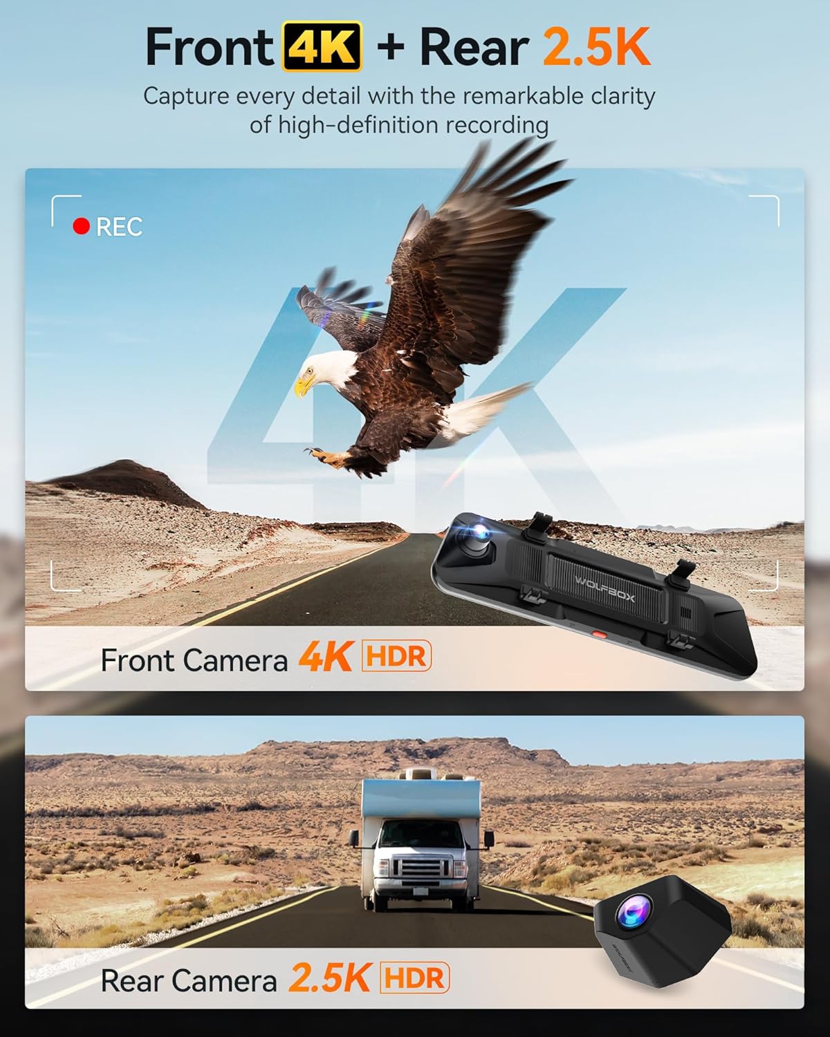 WOLFBOX G900 PRO Mirror Dash Cam with STARVIS 2 IMX678 features a 12-inch mirror, 4K front and 2.5K rear recording. Includes 128GB card, voice control, 5.8GHz WiFi, loop recording, G-sensor, and GPS