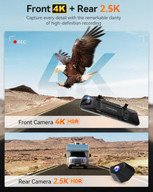 WOLFBOX G900 PRO Mirror Dash Cam with STARVIS 2 IMX678 features a 12-inch mirror, 4K front and 2.5K rear recording. Includes 128GB card, voice control, 5.8GHz WiFi, loop recording, G-sensor, and GPS