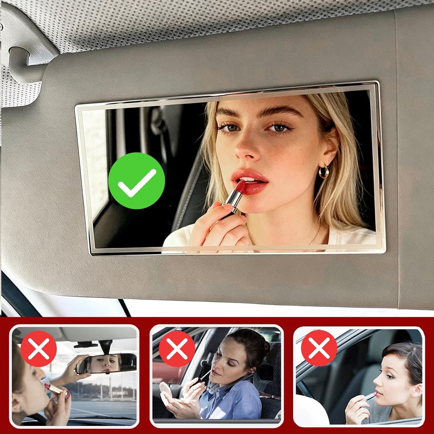 مراة واقية من الشمس للسيارة، مراة مكياج لمستحضرات التجميل للسيارة، مراة زينة ذاتية اللصق للشاحنة وسيارات الدفع الرباعي (مستطيل)