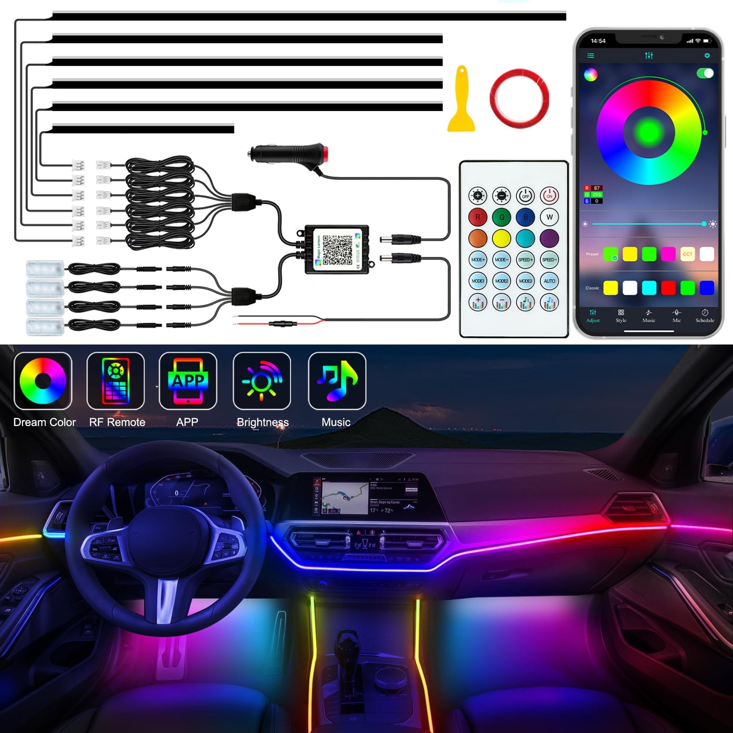 اضواء شريط داخلي LED للسيارة من جوشوب، اضواء LED اكريليك للسيارة مع تقنية Dreamcolor الديناميكية، مجموعة اضاءة محيطة مع تحكم لاسلكي في التطبيق وجهاز تحكم عن بعد بالترددات الراديوية (6 في 1)