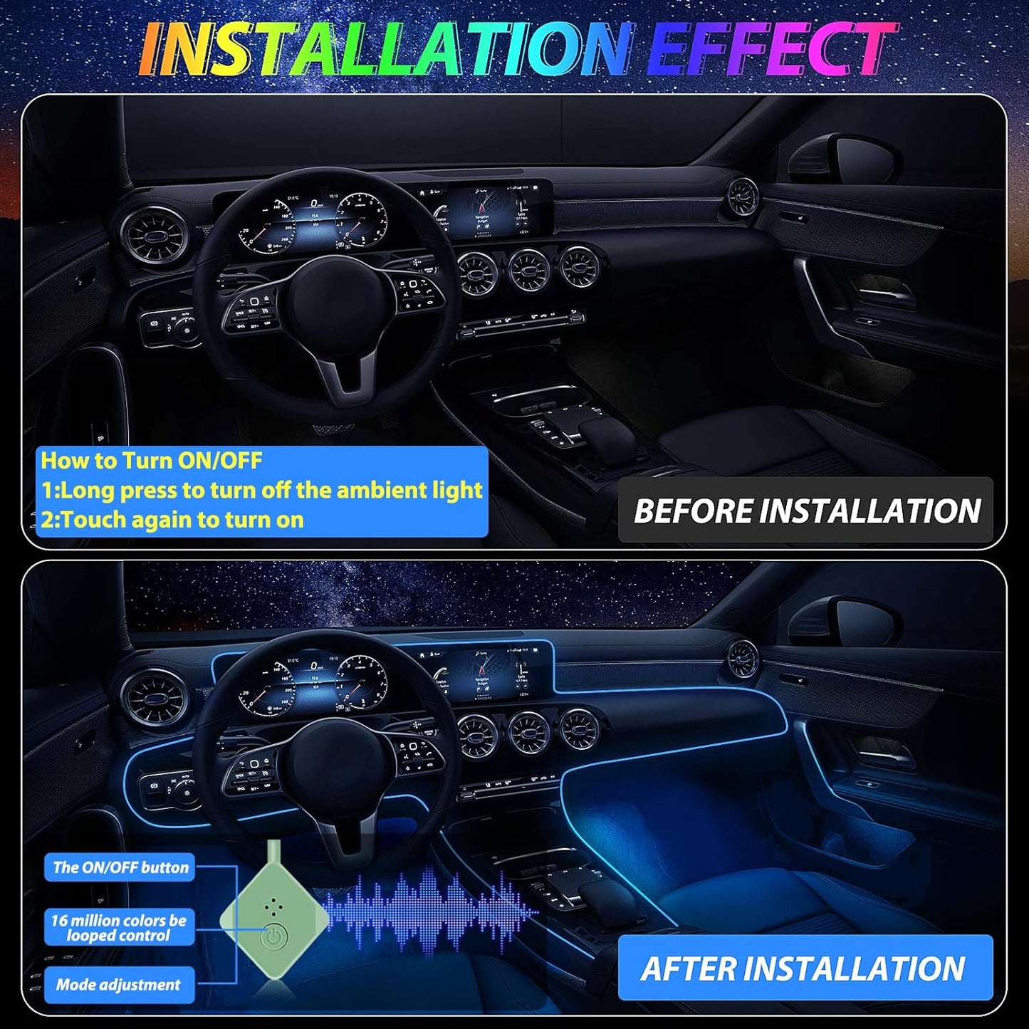 شريط إضاءة LED داخلي للسيارة، إضاءة محيطة LED بألوان RGB بـ 16 مليون لون من الألياف الضوئية وإيقاع مزامنة الموسيقى، ملحقات إضاءة LED نيون USB للوحة التحكم المركزية ولوحة القيادة، نسخة مطورة