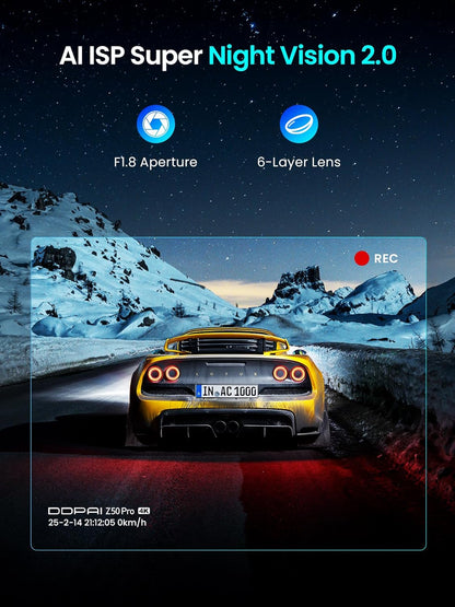 DDPAI Dash Cam for Cars, 4K+1080P Front and Rear Dashcam for Cars, Included 64GB Card Dash Camera, Built-in 5G WiFi6 GPS, 3'' IPS, 48H Parking Mode, Super Night Vision, ADAS, Loop Recording, Z50 Pro