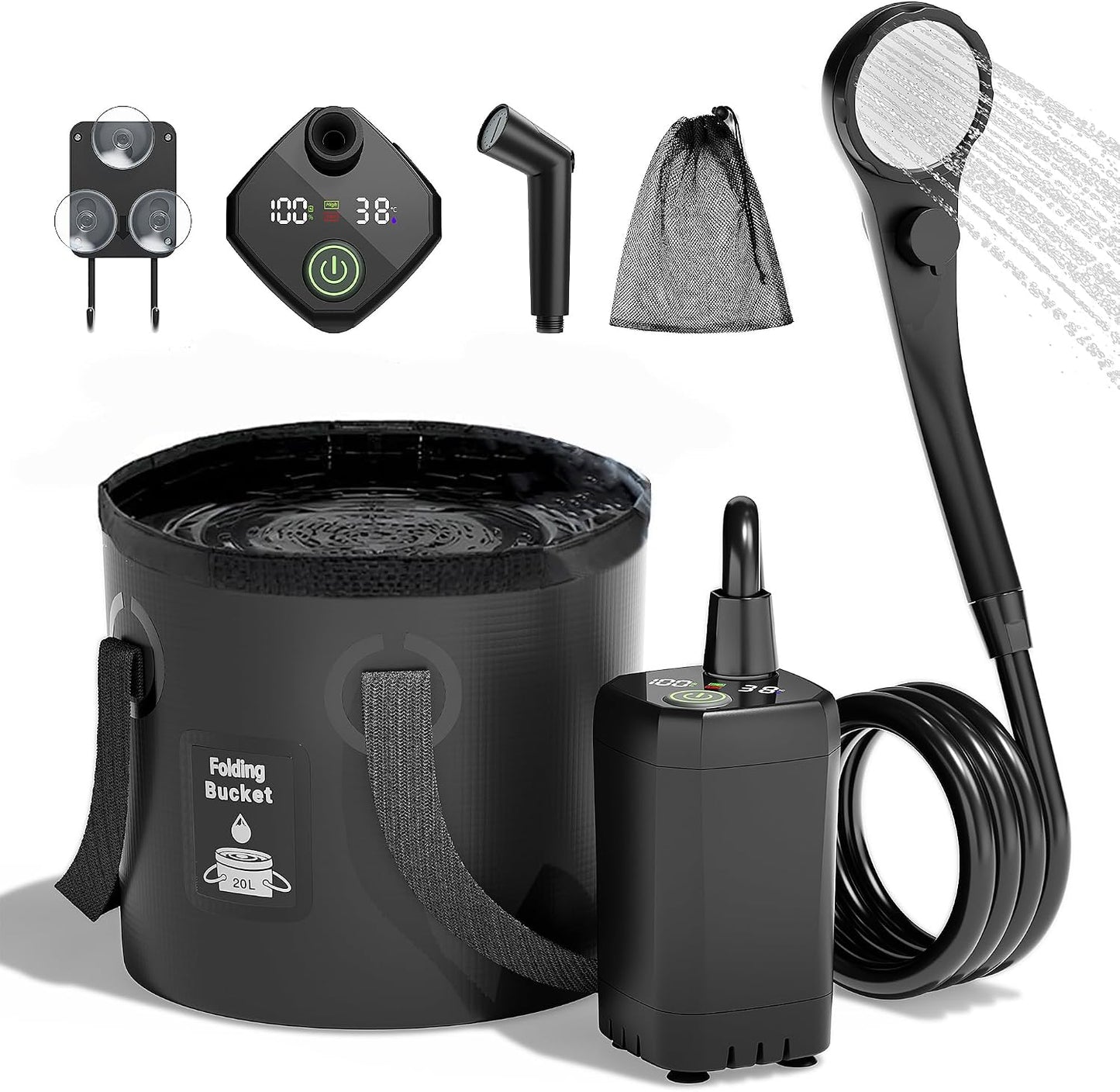Portable Shower, 6000mAh Rechargeable Camping Shower Pump with 20L Foldable Bucket, Outdoor Shower for Hiking Beach, Travel, Pet Bath, Car Washing, Surf & Boat Cleaning