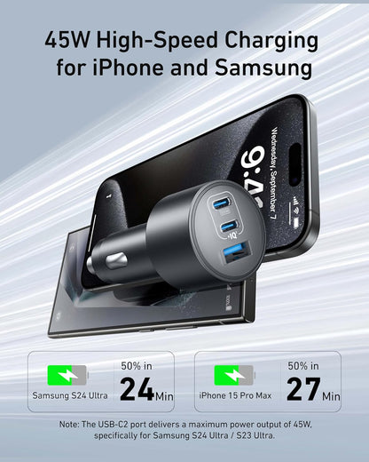 Anker Car Charger, 167.5W Max 3-Port Car Charger Adapter, USB-C Car Adapter for MacBook Pro/Air, iPhone 17/16 Series, Samsung S26/ S25/ S24, iPad, Huawei, Xiaomi, Vivo, Oppo(USB-C to C Cable Included)