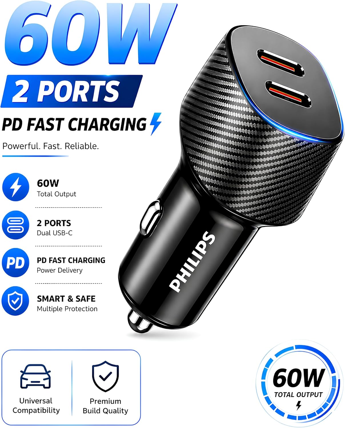 فيليبس شاحن سيارة بمنفذين USB-C بقدرة 60 واط، محول شحن سريع مع حماية ذكية، شحن متزامن للهواتف والتابلت، شاحن سيارة عالمي 20 فولت، DLP5522C، اسود