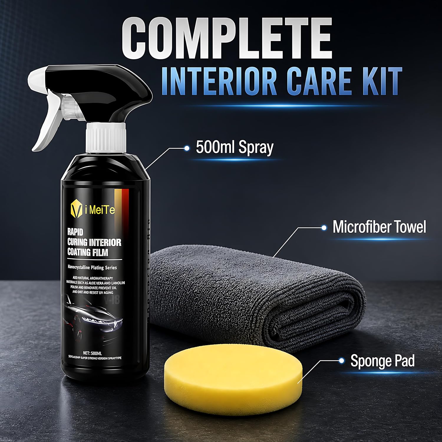 ViBon Car Interior Care Spray Kit, 500ml Dashboard Plastic Leather Trim Detailer with Microfiber Towel and Sponge Pad, Spray and Wipe Interior Coating Film for Car Seats, Door Panels, Console and Trim