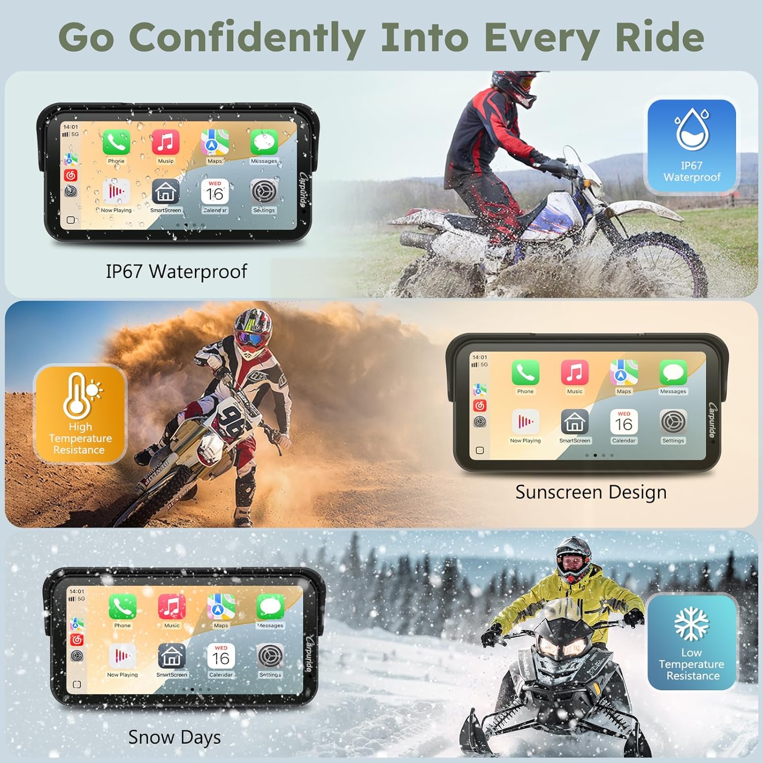 Carpuride Motorcycle GPS Carplay Screen, 6.3 Inch Wireless CarPlay and Android Car for Moto, with Dual Cameras and TPMS, Remote Control, IP67 Waterproof, BT Aduio, Loop Recording