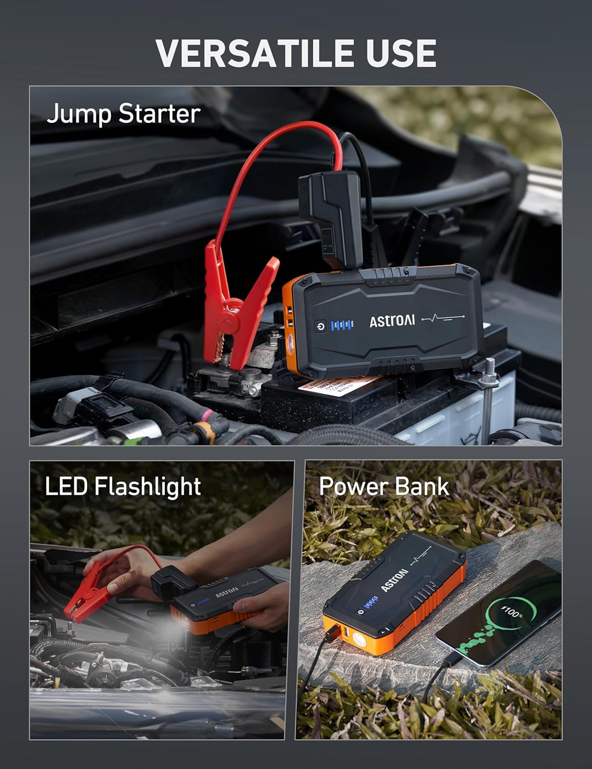 AstroAI S8 Car Battery Booster Jump Starter Power Pack,12V Portable Car Jump Starter Power Bank for Up to 6.0L Petrol & 3.0L Diesel Engines, With Smart Jumper and LED Torch