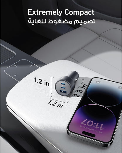شاحن سيارات Anker USB-C، سريع مُدمج وقوي 67 واط بـ 3 منافذ، محوّل كهربائي للسيارة 535 مع PIQ 3.0 يتوافق مع iPhone 15/15 Plus/15 Pro/15 Pro Max وGalaxy S23 وiPad Air والمزيد (كابل USB-C متضمن).