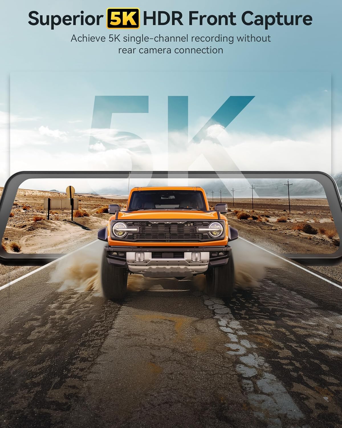 WOLFBOX G900 PRO Mirror Dash Cam with STARVIS 2 IMX678 features a 12-inch mirror, 4K front and 2.5K rear recording. Includes 128GB card, voice control, 5.8GHz WiFi, loop recording, G-sensor, and GPS