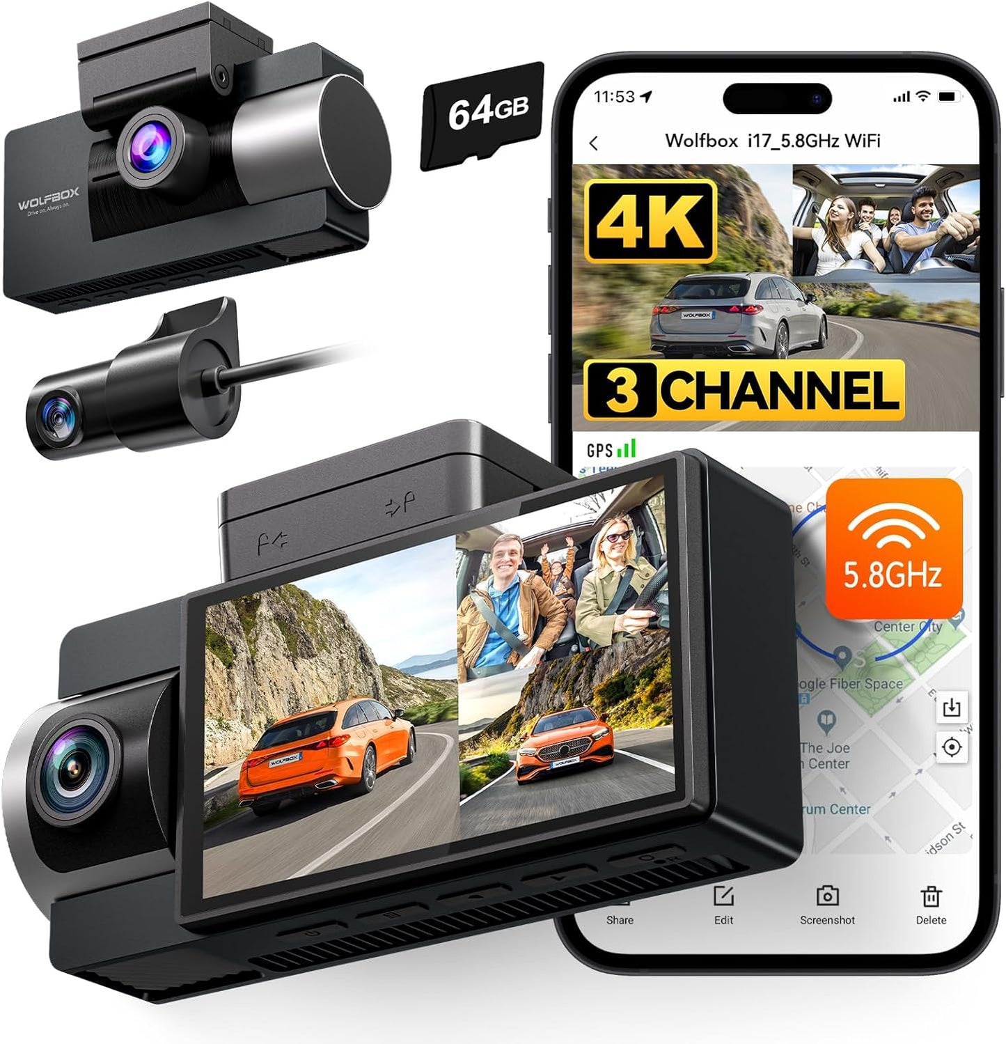 WOLFBOX i17 4K 3 Channel Dash Cam, 5.8GHz WiFi & GPS with 64GB Card, 4K+1080P+1080P Dash Cam Front and Rear Inside, Triple Car Camera with 3 Inch Screen, IR Night Vision, WDR, 24H Parking Mode