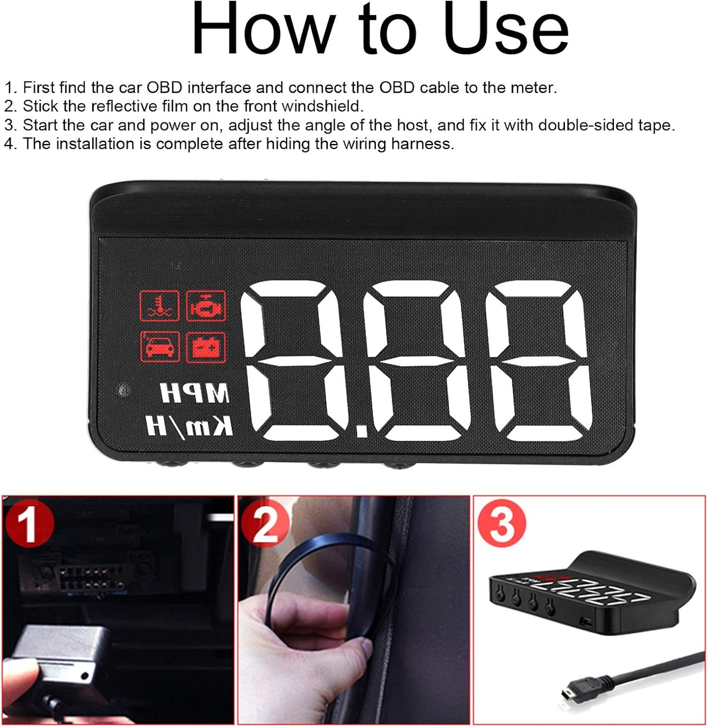 Car Speedometer, OBD2 HUD Windscreen Projector Multifunctional Display Alarm Fatigue Driving Reminder