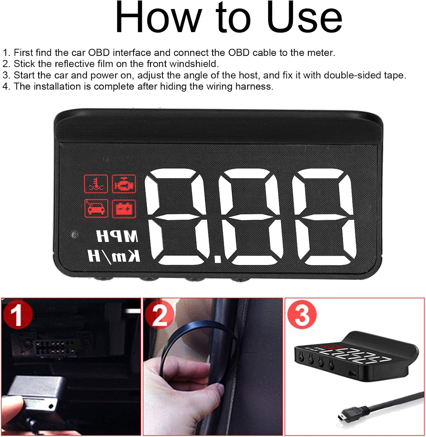 Car Speedometer, OBD2 HUD Windscreen Projector Multifunctional Display Alarm Fatigue Driving Reminder