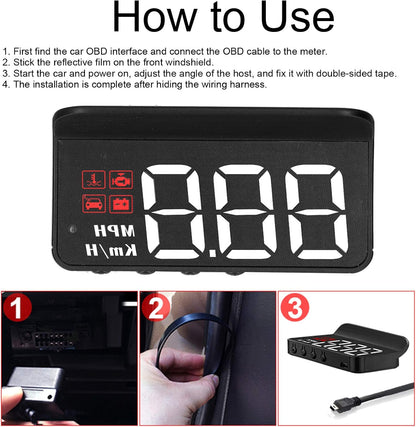 Car Speedometer, OBD2 HUD Windscreen Projector Multifunctional Display Alarm Fatigue Driving Reminder