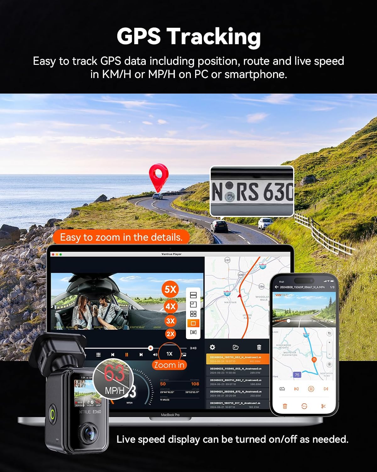 Vantrue E360 ACE 5.2K 360° Panoramic WiFi Dash Cam, Handheld Camera, STARVIS 2, HDR, IR Night Vision, Front Rear Inside Dashcam, Voice/Touch Control, GPS, 24/7 Buffered Parking Mode, Support 512GB Max