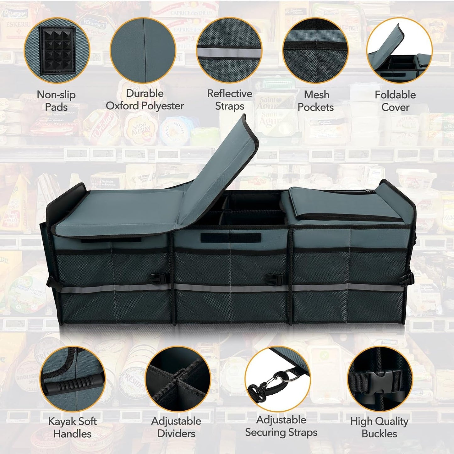 Trunk Organizer With Built-in Leakproof Cooler Bag, 2 Tie-Down Straps, 4 Removable Dividers, Foldable Cover, Built with 2mm PE Board, Gray