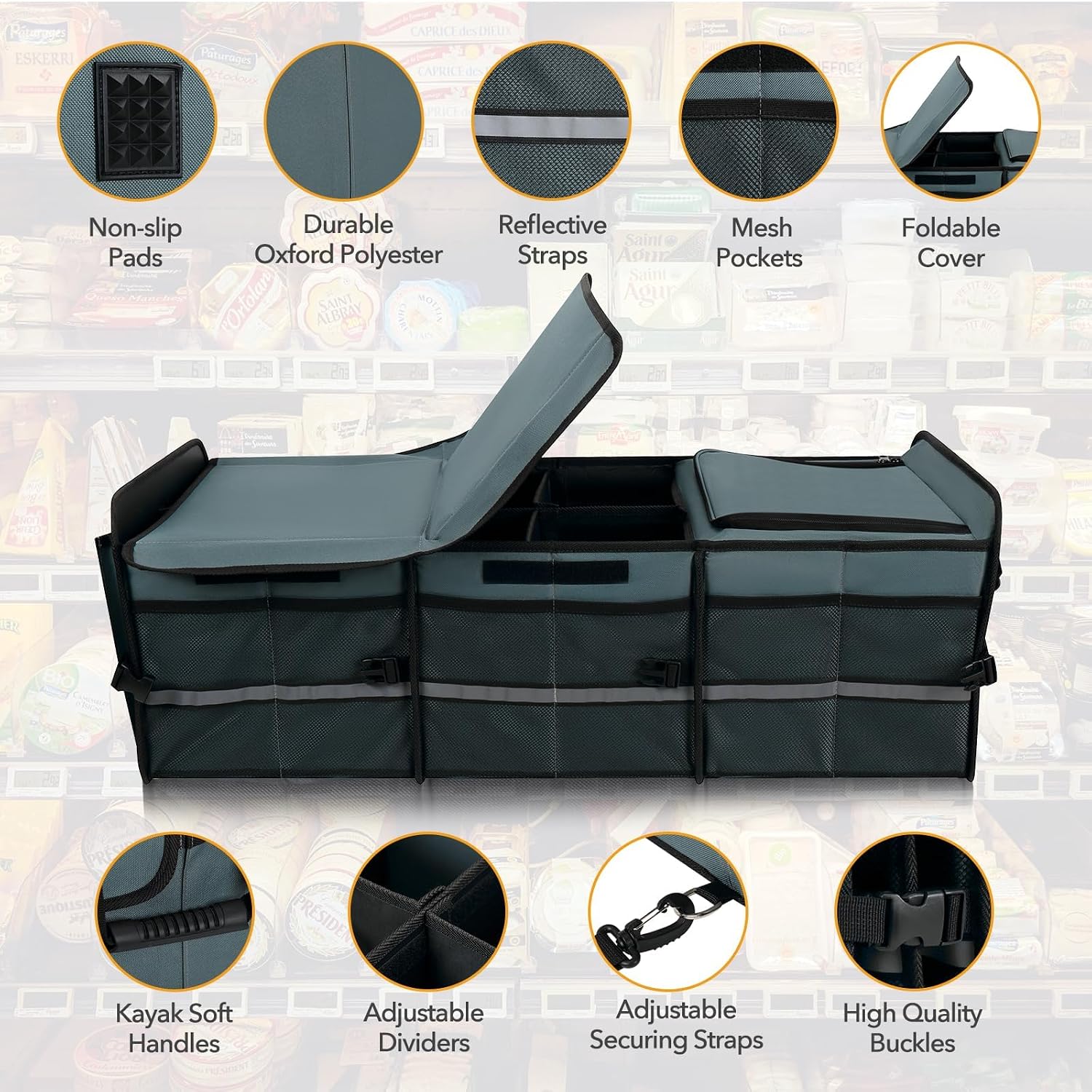 Trunk Organizer With Built-in Leakproof Cooler Bag, 2 Tie-Down Straps, 4 Removable Dividers, Foldable Cover, Built with 2mm PE Board, Gray